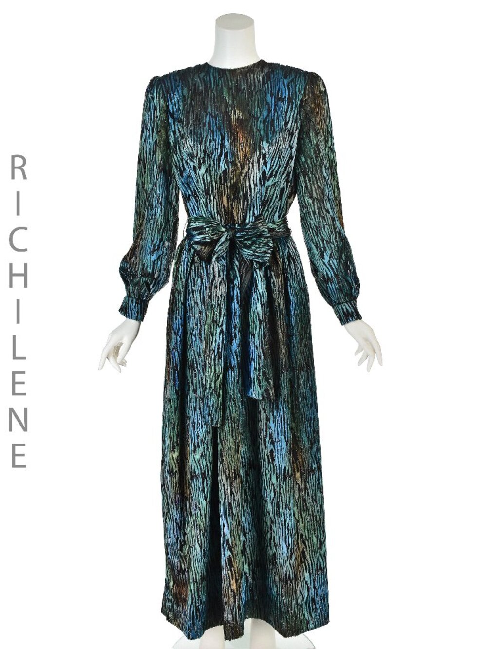RICHILENE Circa 1986 Iridescent Silk Devoré Velvet Evening Dress with Sash, SZ10